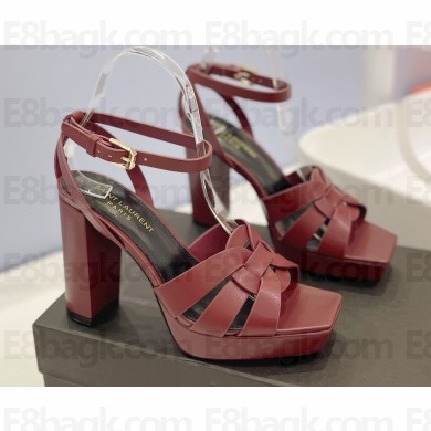 Saint Laurent Heel 10cm Platform 2cm Tribute Sandals in Smooth Leather Burgundy