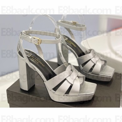 Saint Laurent Heel 10cm Platform 2cm Tribute Sandals in Smooth Leather Silver