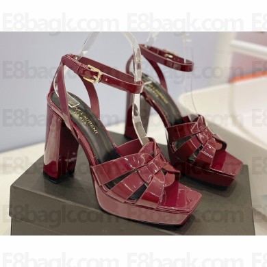 Saint Laurent Heel 10cm Platform 2cm Tribute Sandals in Patent Leather Burgundy
