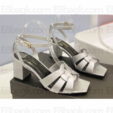 Saint Laurent Heel 6.5cm Tribute Sandals in Smooth Leather Silver