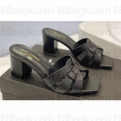 Saint Laurent Heel 6.5cm Tribute Mules Slide Sandals in Smooth Leather Black