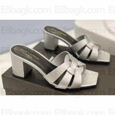 Saint Laurent Heel 6.5cm Tribute Mules Slide Sandals in Smooth Leather Silver