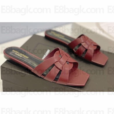 Saint Laurent Tribute Flat Mules Slide Sandals in Smooth Leather 571952 Burgundy