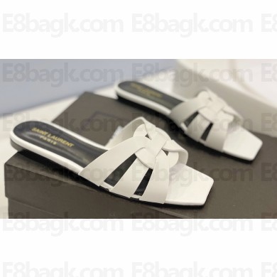 Saint Laurent Tribute Flat Mules Slide Sandals in Smooth Leather 571952 White