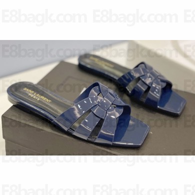 Saint Laurent Tribute Flat Mules Slide Sandals in Patent Leather 571952 Blue