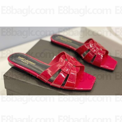 Saint Laurent Tribute Flat Mules Slide Sandals in Patent Leather 571952 Red