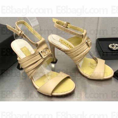 Chanel Heel CC Logo Sandals Leather Beige 2023