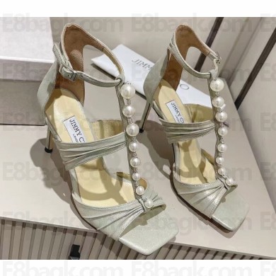 Jimmy Choo Heel 8.5cm Aura caged satin Sandals Gray with Pearls 2023
