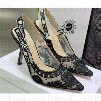Dior Heel 9.5cm J'Adior Slingback Pumps in Black Transparent Mesh Embroidered with Dior Roses Motif 2023