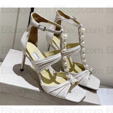 Jimmy Choo Heel 8.5cm Aura caged satin Sandals White with Pearls 2023