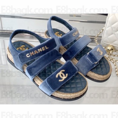 Chanel Logo Velvet Beach Sandals Blue 2023