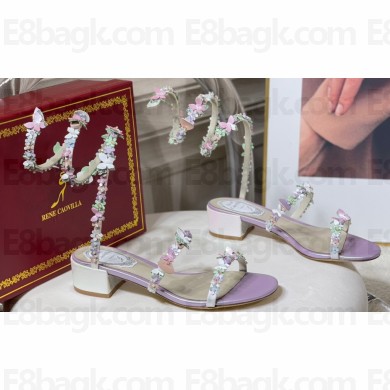 Rene Caovilla Heel 4cm Satin Sandals with flowers BOUQUET Purple