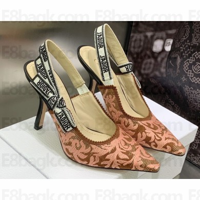 Dior Heel 9.5cm J'Adior Slingback Pumps in Antique Pink Brocart Embroidered Cotton with Gold-Tone Metallic Thread 2023