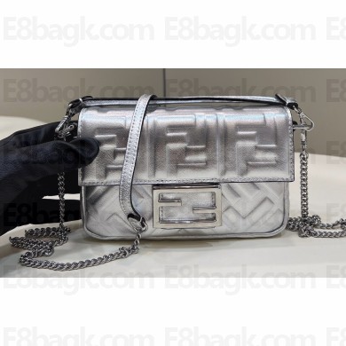 Fendi Nappa Leather Mini Baguette Bag Silver 2023