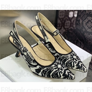 Dior Heel 6.5cm J'Adior Slingback Pumps in Black/White Ornamental Embroidered Cotton 2023