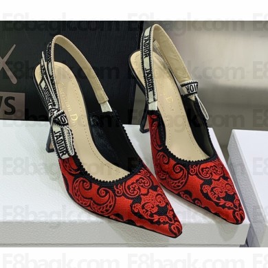 Dior Heel 9.5cm J'Adior Slingback Pumps in Red/Black Bandana Embroidered Cotton 2023