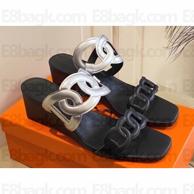 Hermes Figari 55 sandals with Chaine d'Ancre straps Black/Silver