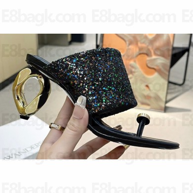 JW Anderson Gold chain link Heel 7.5cm Diamond Thong-Toe Leather Sandals Crystals Black 2023