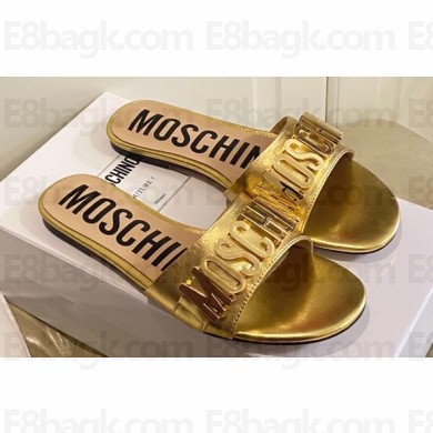 Moschino Metal Logo flat sandals Gold 2023