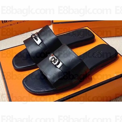 Hermes Original calfskin Giulia sandals Black with Kelly buckle