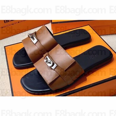 Hermes Original calfskin Giulia sandals Black/Brown with Kelly buckle