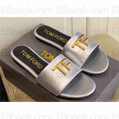 TOM FORD TF crocodile embossed leather slide sandals Silver 2023