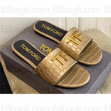 TOM FORD TF crocodile embossed leather slide sandals Gold 2023