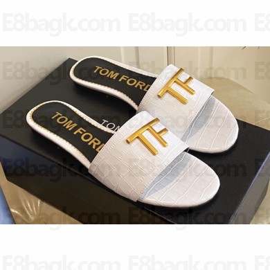 TOM FORD TF crocodile embossed leather slide sandals White 2023