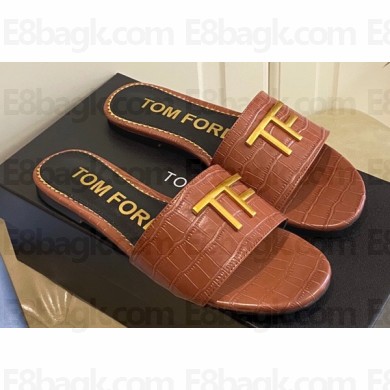 TOM FORD TF crocodile embossed leather slide sandals Brown 2023