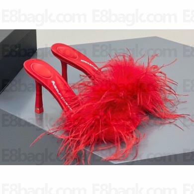 Alexander Wang Heel 8.5cm Lulu Feather Slide Sandals In Satin Red 2023