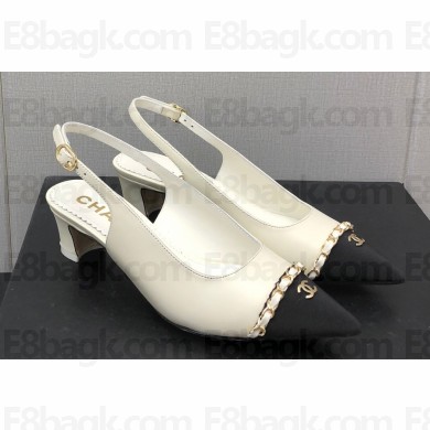 Chanel Chain Heel Grosgrain Sling-Back Pumps G39643 Lambskin White 2023