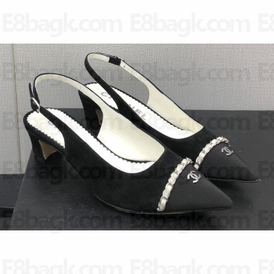 Chanel Chain Heel Grosgrain Sling-Back Pumps G39643 Suede Calfskin Black 2023
