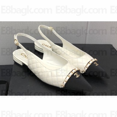 Chanel Chain Grosgrain Flat Sling-Back Pumps Lambskin Quilting White 2023
