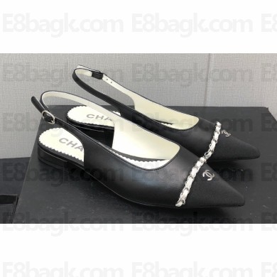 Chanel Chain Grosgrain Flat Sling-Back Pumps Lambskin Black 2023
