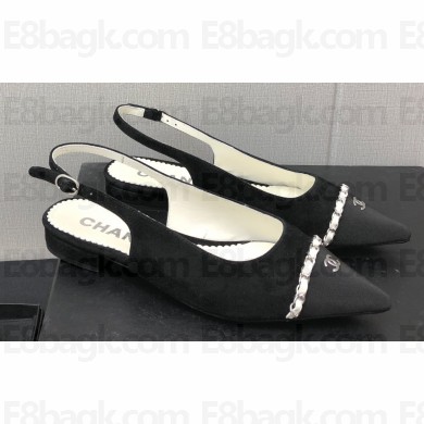 Chanel Chain Grosgrain Flat Sling-Back Pumps Suede Calfskin Black 2023