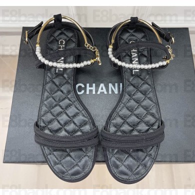 Chanel Heel 2cm Ankle Pearl Sandals Black 2023