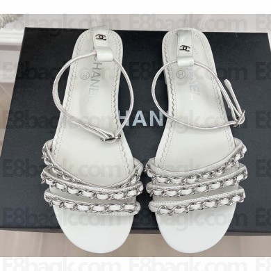 Chanel Lambskin Chain Flat Sandals White 2023