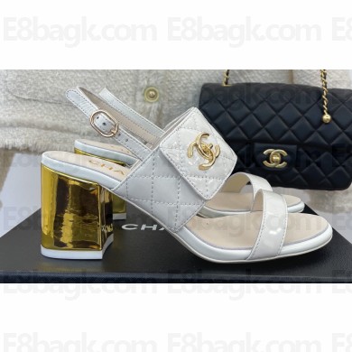 Chanel Gold Heel 7cm Patent Goatskin Sandals White 2023