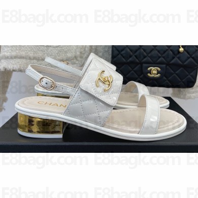 Chanel Gold Heel 3cm Patent Goatskin Sandals White 2023
