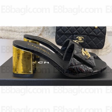 Chanel Gold Heel 7cm Patent Goatskin Mules Black 2023