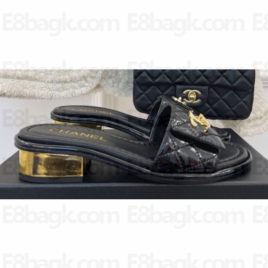 Chanel Gold Heel 3cm Patent Goatskin Mules Black 2023
