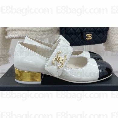 Chanel Gold Heel 3cm Patent Goatskin Mary Janes G39732 White 2023