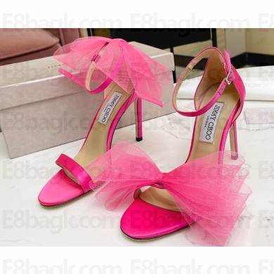 Jimmy Choo Heel 8.5cm/10cm Aveline Sandals Satin Fuchsia with Asymmetric Grosgrain Mesh Fascinator Bows 2023
