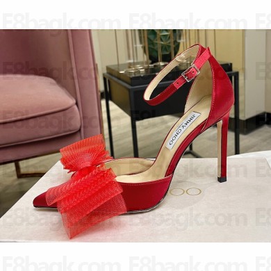 Jimmy Choo Heel 8.5cm/10cm Averly Pumps Satin Red with Asymmetric Grosgrain Mesh Fascinator Bows 2023