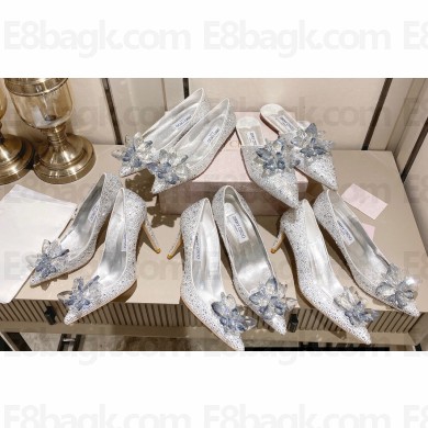 Jimmy Choo Heel 10.5cm/8.5cm/7.5cm Crystal Covered Pointy Toe Pumps/Flats/Mules Silver 2023