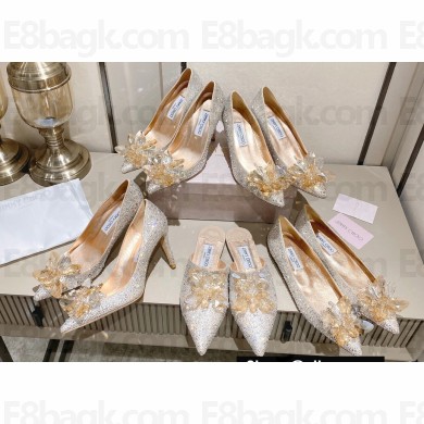 Jimmy Choo Heel 10.5cm/8.5cm/7.5cm Crystal Covered Pointy Toe Pumps/Flats/Mules Gold 2023