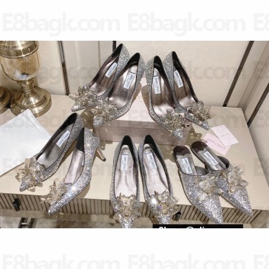 Jimmy Choo Heel 10.5cm/8.5cm/7.5cm Crystal Covered Pointy Toe Pumps/Flats/Mules Black/Silver 2023