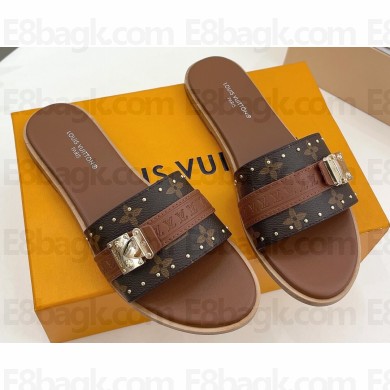 Louis Vuitton Studs Lock It Flat Mules with Strap and Lock Brown 2023