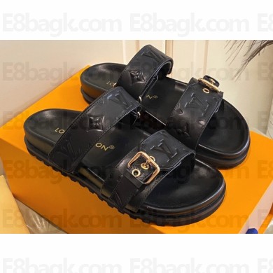 Louis Vuitton Bom Dia Flat Comfort Mules Monogram-embossed calf leather Black 2023