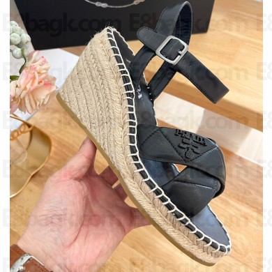 Prada Heel 8cm Nappa Leather Espadrilles Wedge Sandals Black 2023